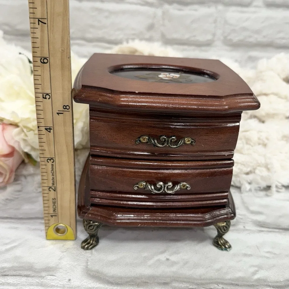 Vtg MeLe Small Wood Claw Foot Jewelry Music Box Stain Glad Flower Pretty Dainty